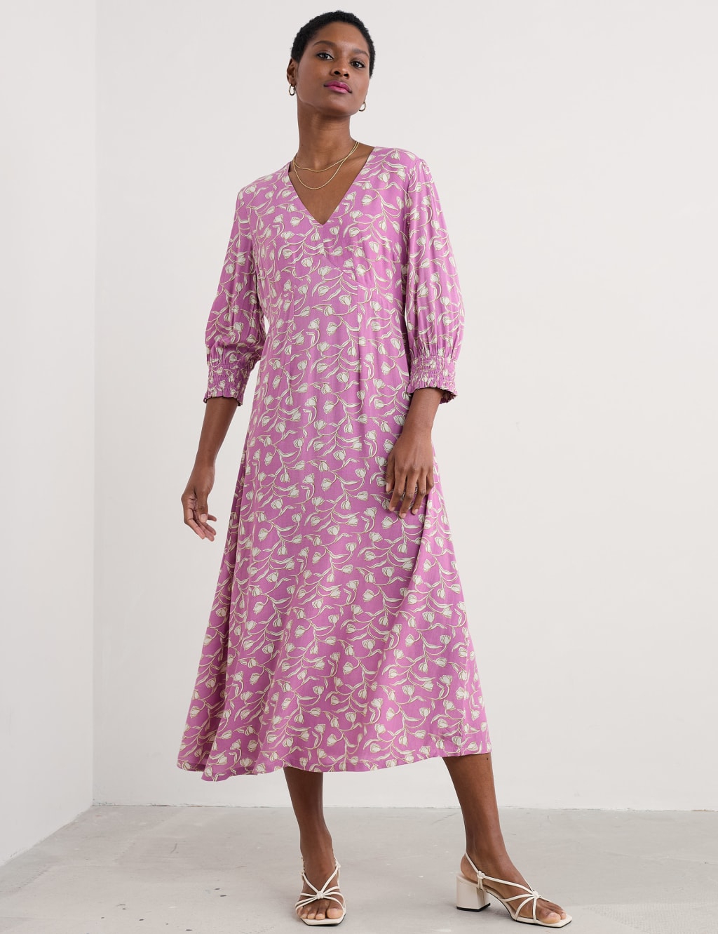 Floral V-Neck Blouson Sleeve Midaxi Waisted Dress