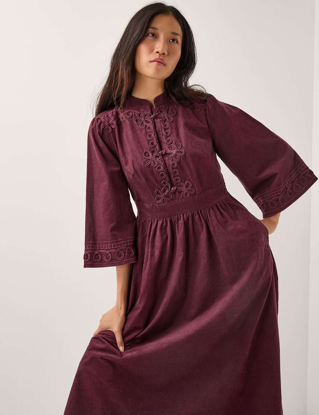 Monsoon Cord Embroidered High Neck Midi Dress Burgundy