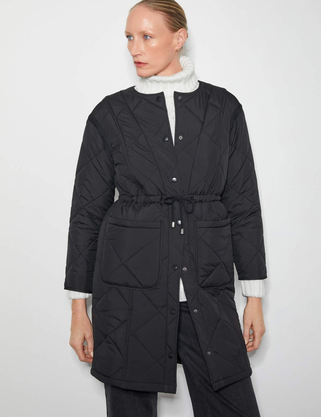 Quilted Waisted Collarless Coat