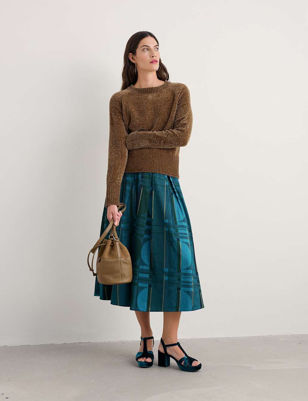 Seasalt Cornwall Cotton Rich Geometric Midaxi A-Line Skirt Blue Mix