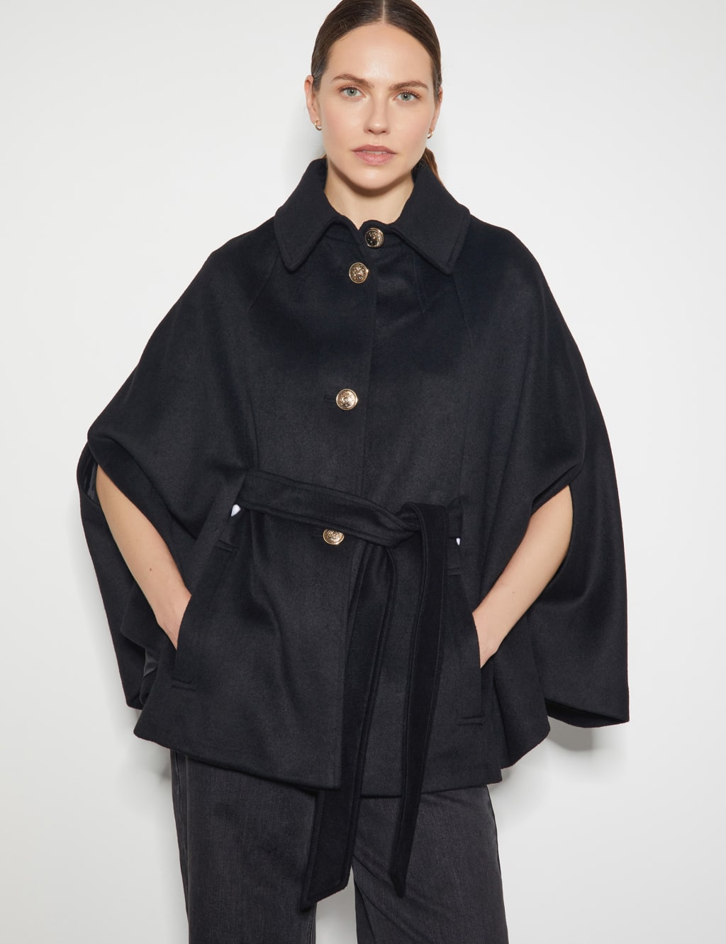 Wool Blend Belted Collared Coat