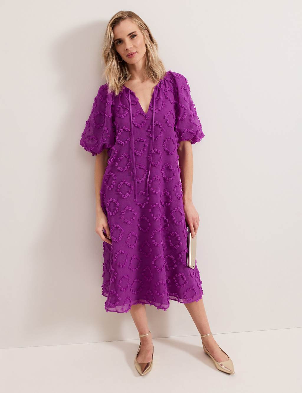 Textured Tie Neck Midi Smock Dress
