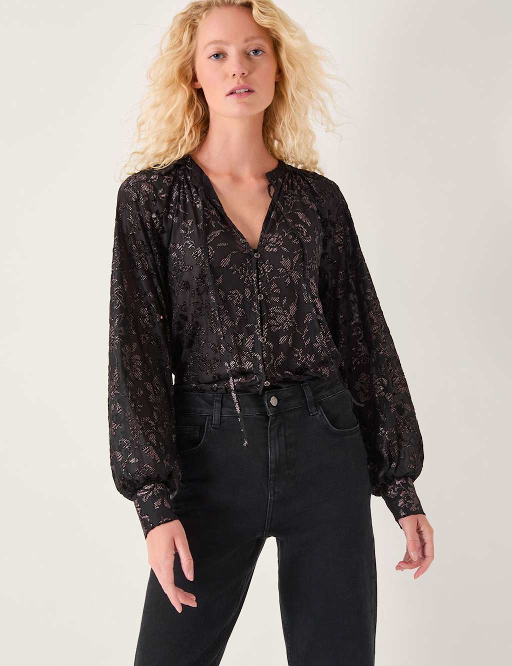 Monsoon Floral Devore Tie Neck Shirt Black