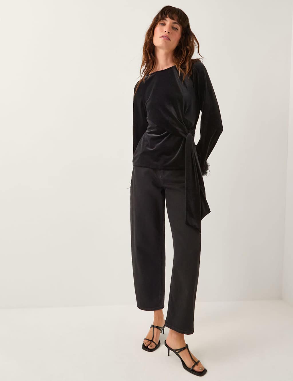 Monsoon Velvet Slash Neck Feather Detail Top Black