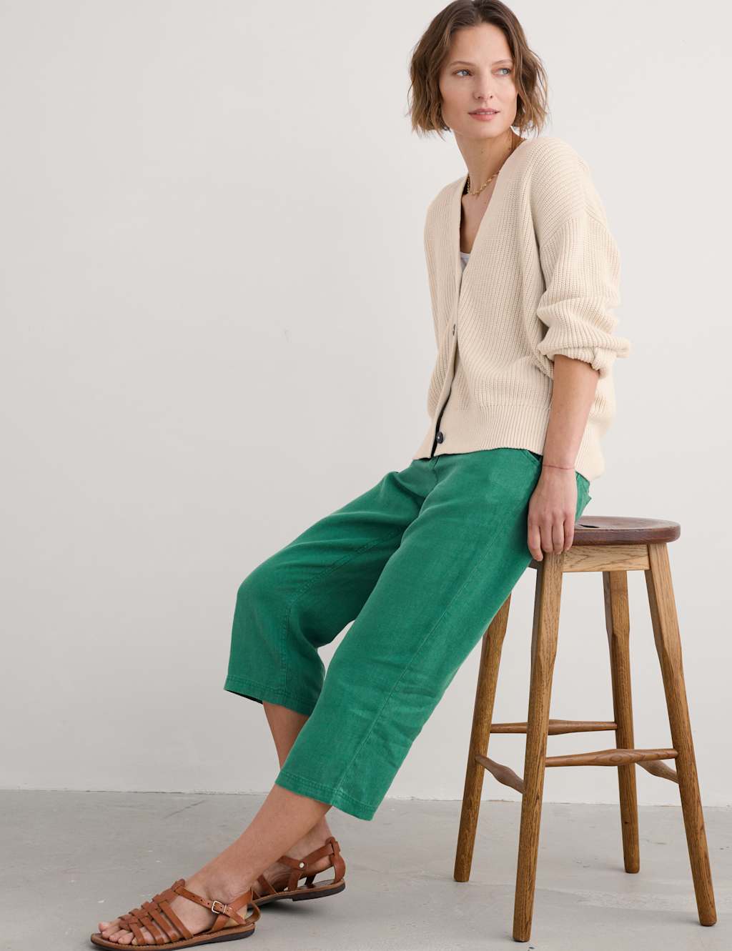 Pure Linen Straight Leg Cropped Trousers
