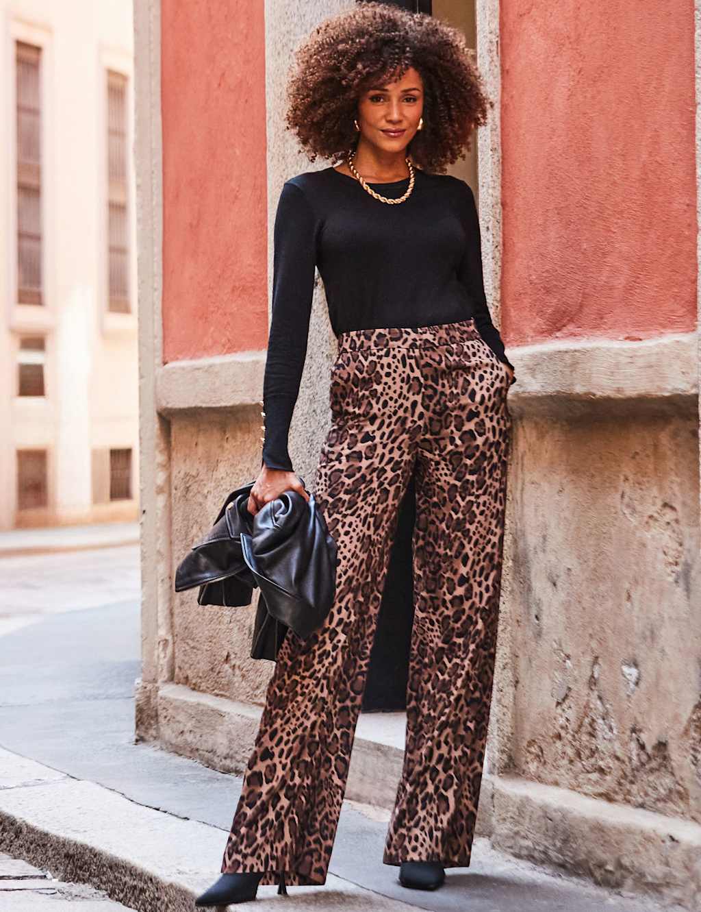 SOSANDAR Animal Print Wide Leg Trousers Brown Mix