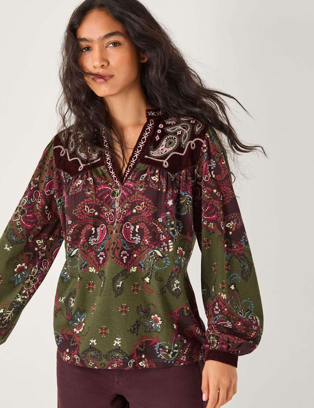 Monsoon Cotton Rich Jersey Paisley Notch V-Neck Top Green Mix
