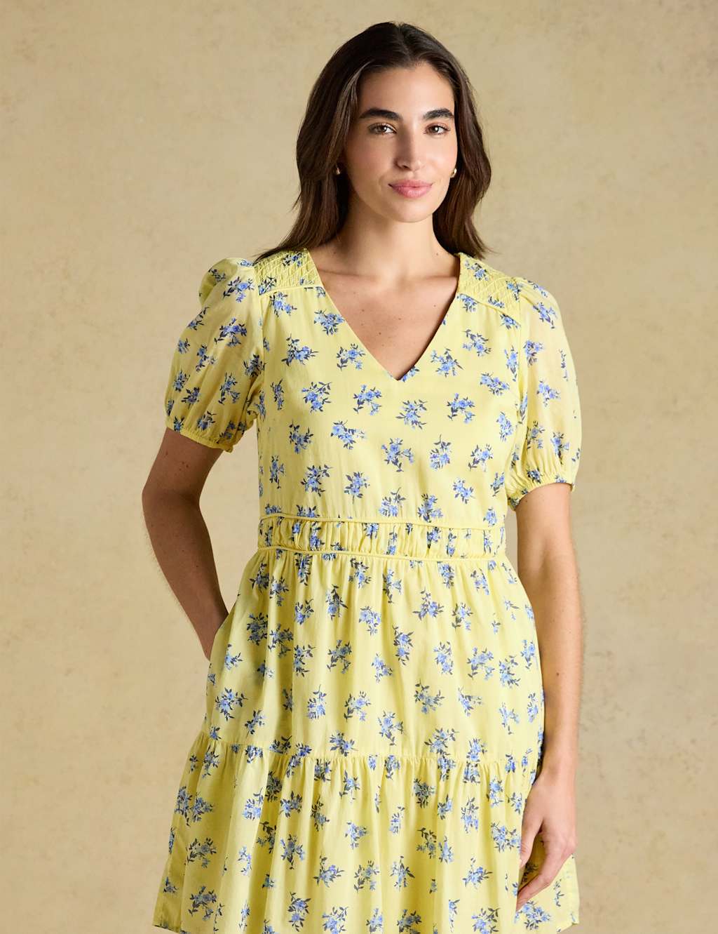 Joules Women's Pure Cotton Floral V-Neck Mini Tiered Dress - 16 - Yellow Mix - Available at M&S