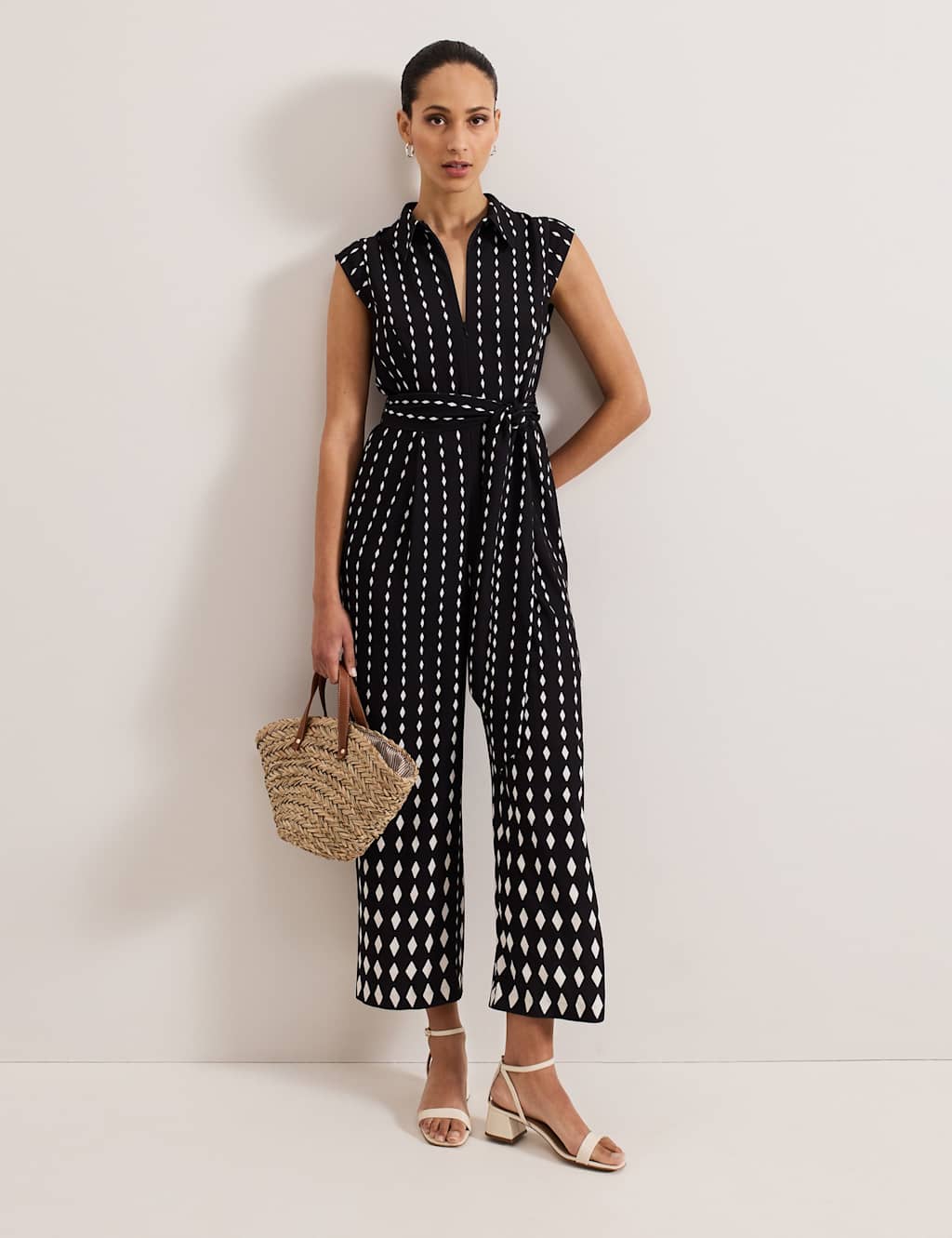 Geometric Belted Cropped Wide Leg Jumpsuit