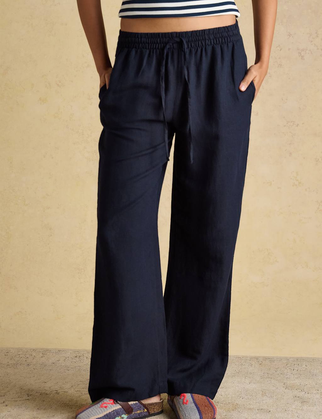 Joules Women's Linen Blend Wide Leg Trousers - 8 - Navy - Available at M&S