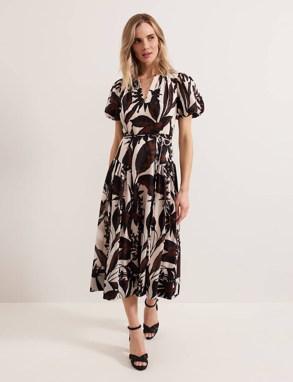 Lyocell Rich Printed V-Neck Midi Waisted Dress