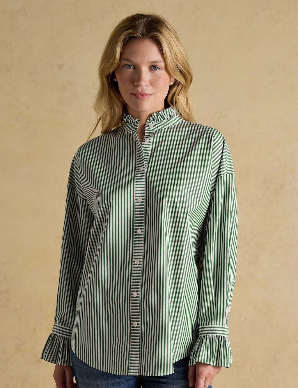 Joules Pure Cotton Striped Frill Neck Shirt Green Mix