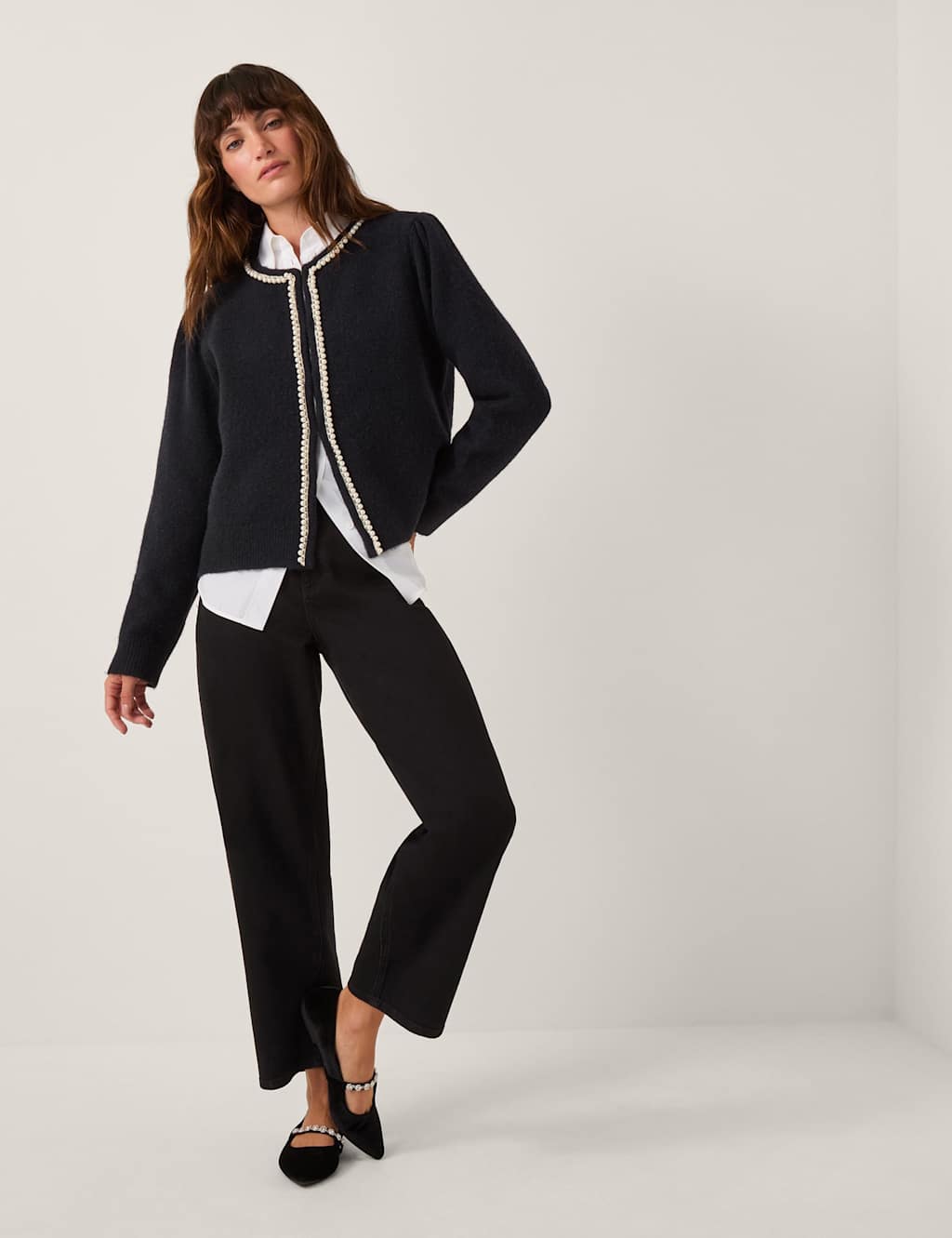 Monsoon Pearl Embellished Crew Neck Cardigan Navy Mix