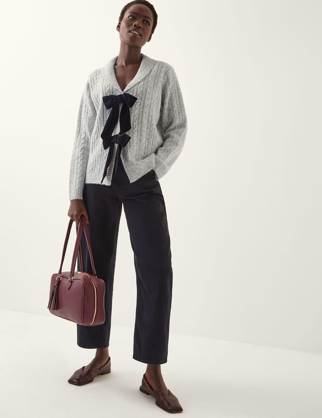 Monsoon Cable Knit Pointelle V-Neck Cardigan Grey Mix