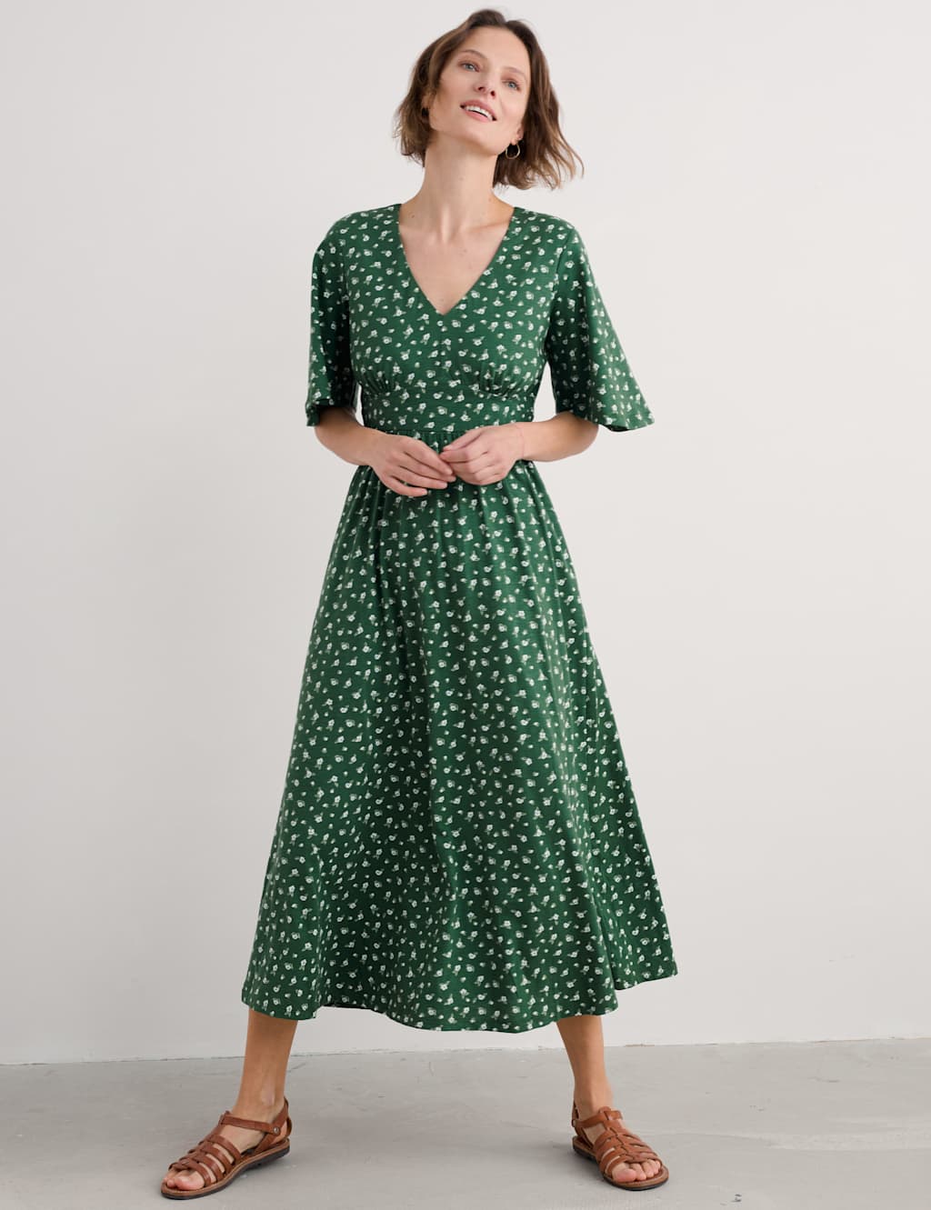 Pure Cotton Floral V-Neck Midi Waisted Dress