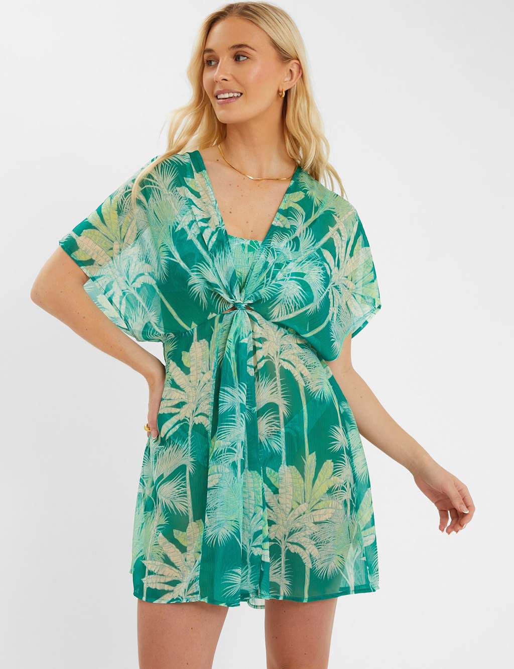 ACCESSORIZE Leaf Print V-Neck Beach Cover Up Kaftan Green