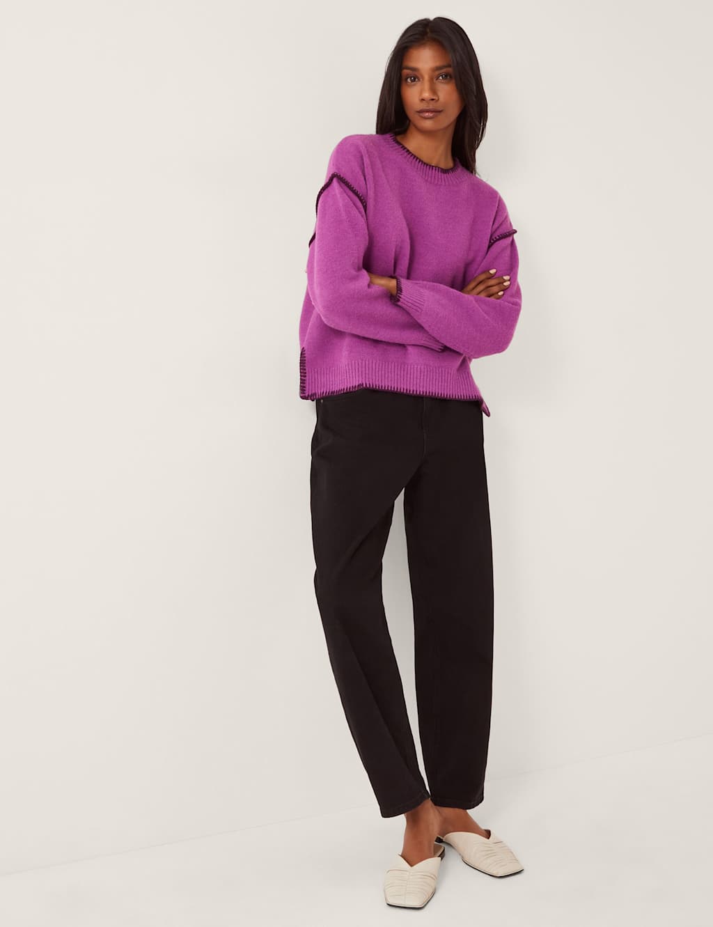 Monsoon Blanket Stitch Detail Jumper with Wool Purple