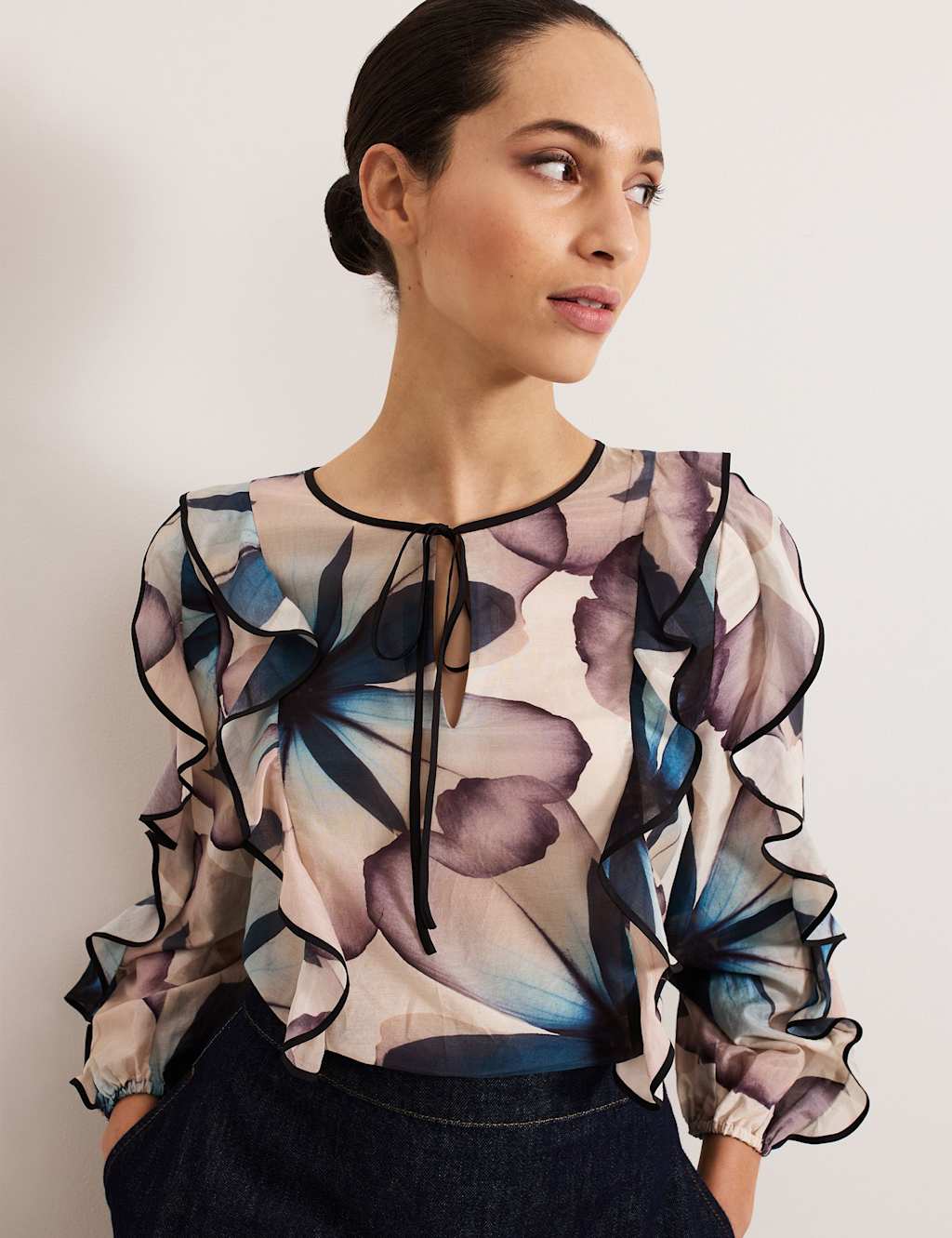 Silk Blend Floral Tie Neck Blouse