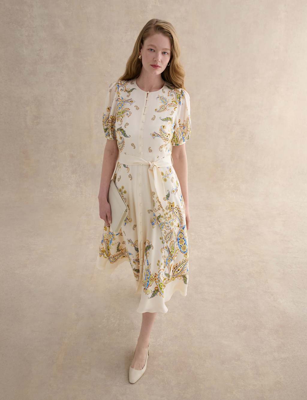 Hobbs Women's Pure Silk Paisley Belted Midi Skater Dress - 14 - Cream - Available at M&S