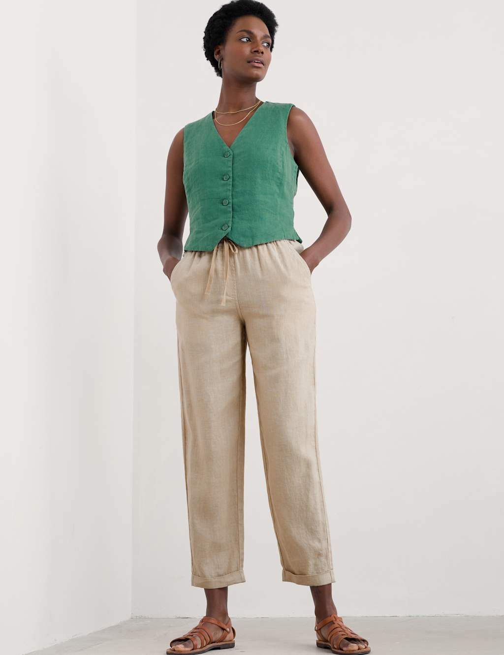Pure Linen Tapered Cropped Trousers