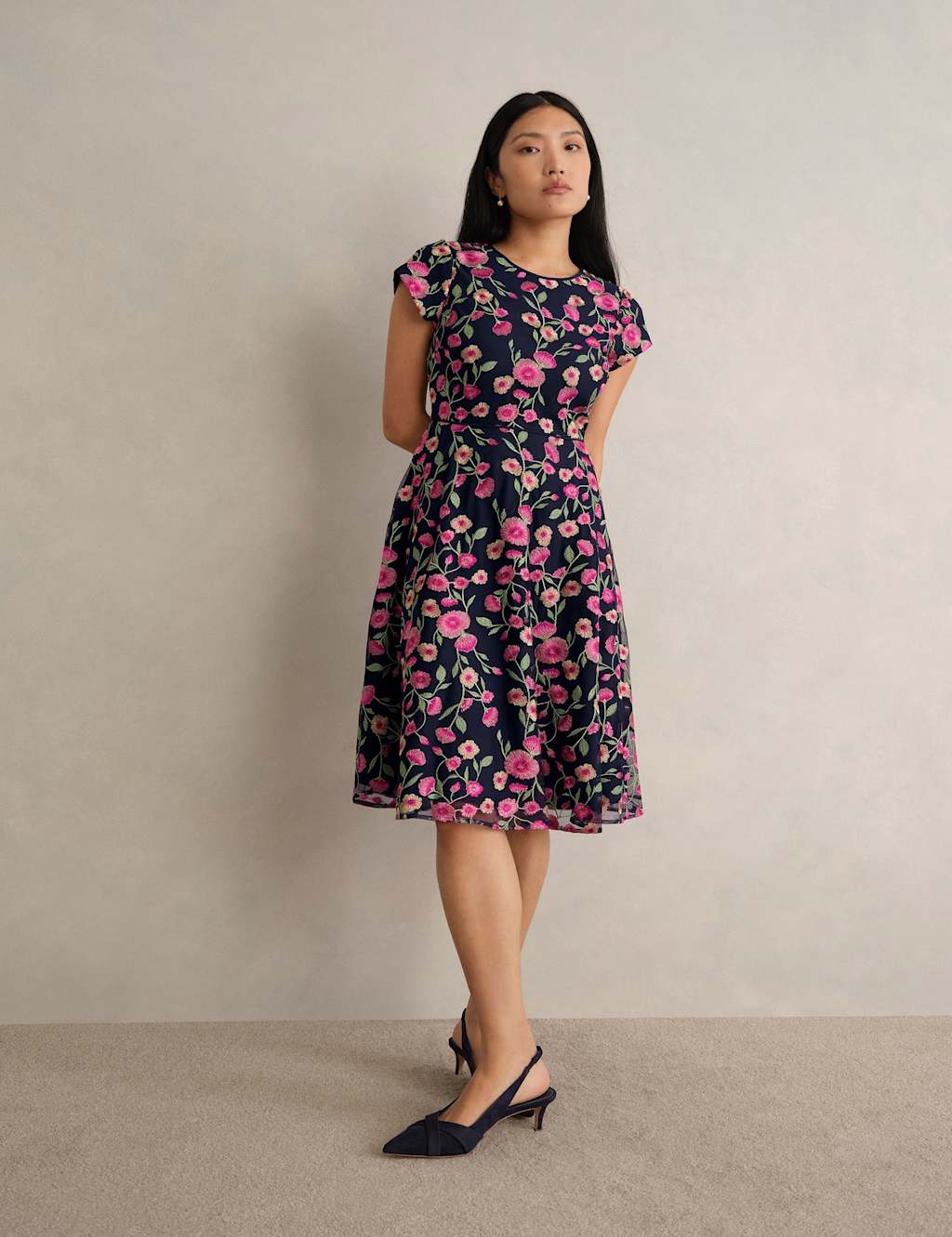 Hobbs Women's Floral Embroidered Knee Length Skater Dress - 12 - Blue Mix - Available at M&S