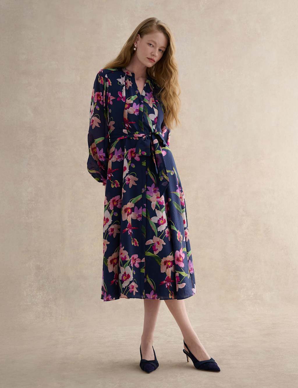 Hobbs Women's Lyocell Rich Floral V-Neck Midi Dress - 10 - Blue Mix - Available at M&S