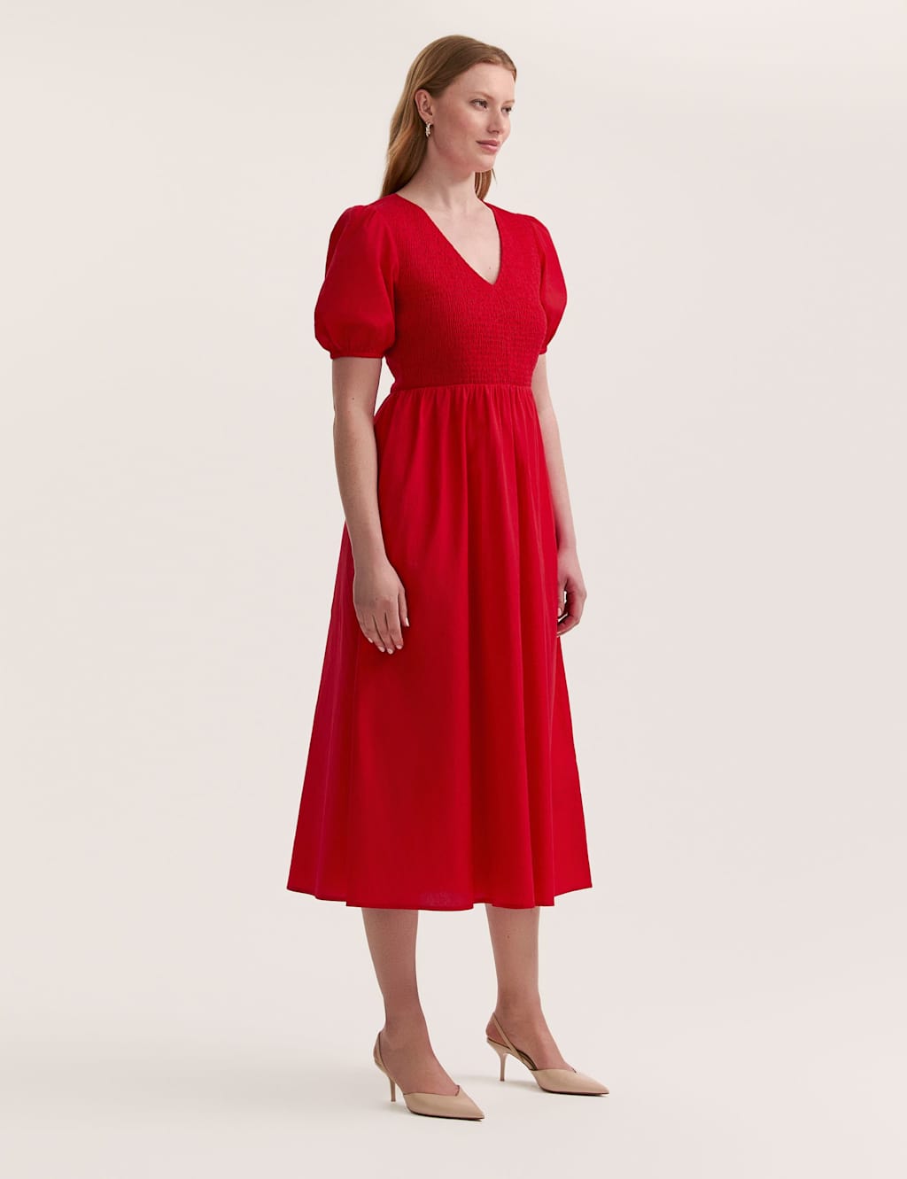 Pure Cotton V-Neck Midi Shirred Dress