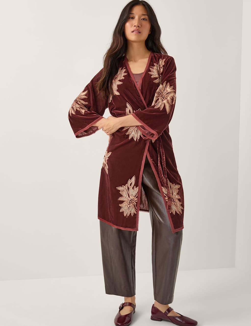 Monsoon Embroidered Belted Longline Kimono Copper