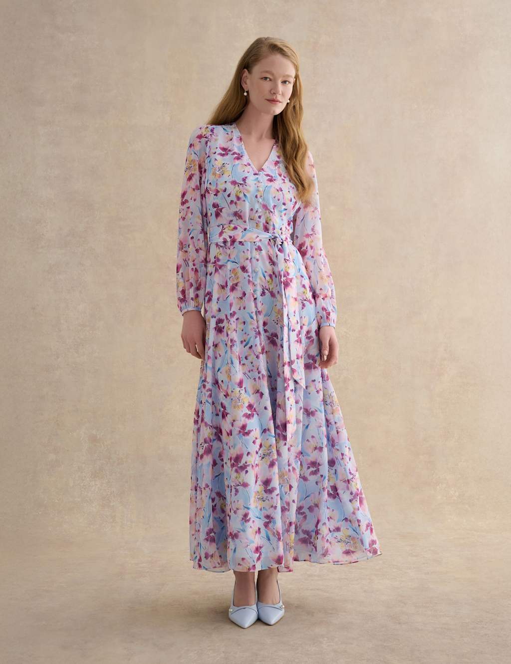 Hobbs Women's Floral V-Neck Maxi Skater Dress - 12 - Blue Mix - Available at M&S