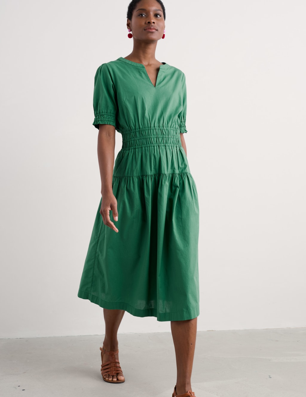 Pure Cotton Notch Neck Midi Waisted Dress