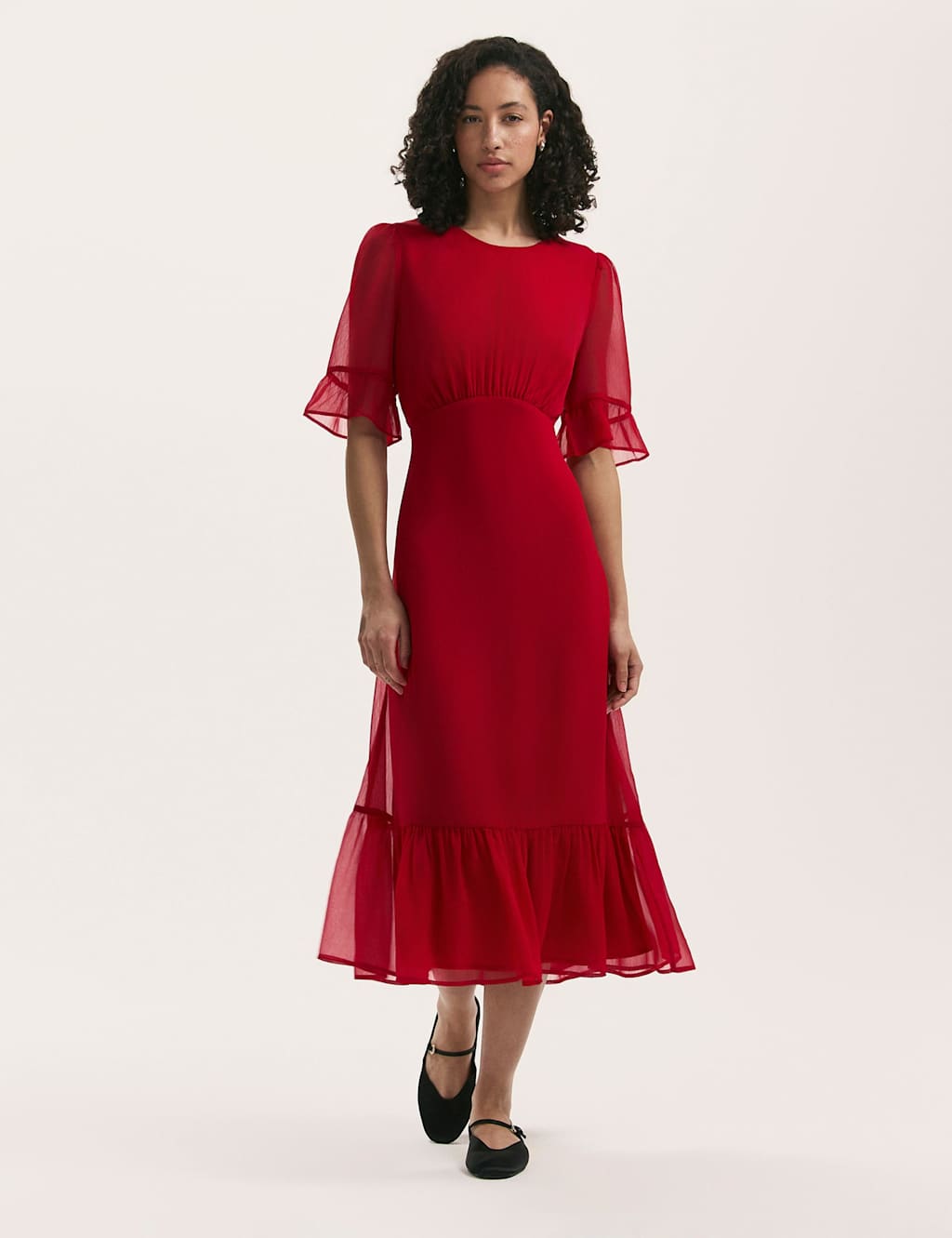 Finery London Chiffon Round Neck Midi Tiered Dress Red