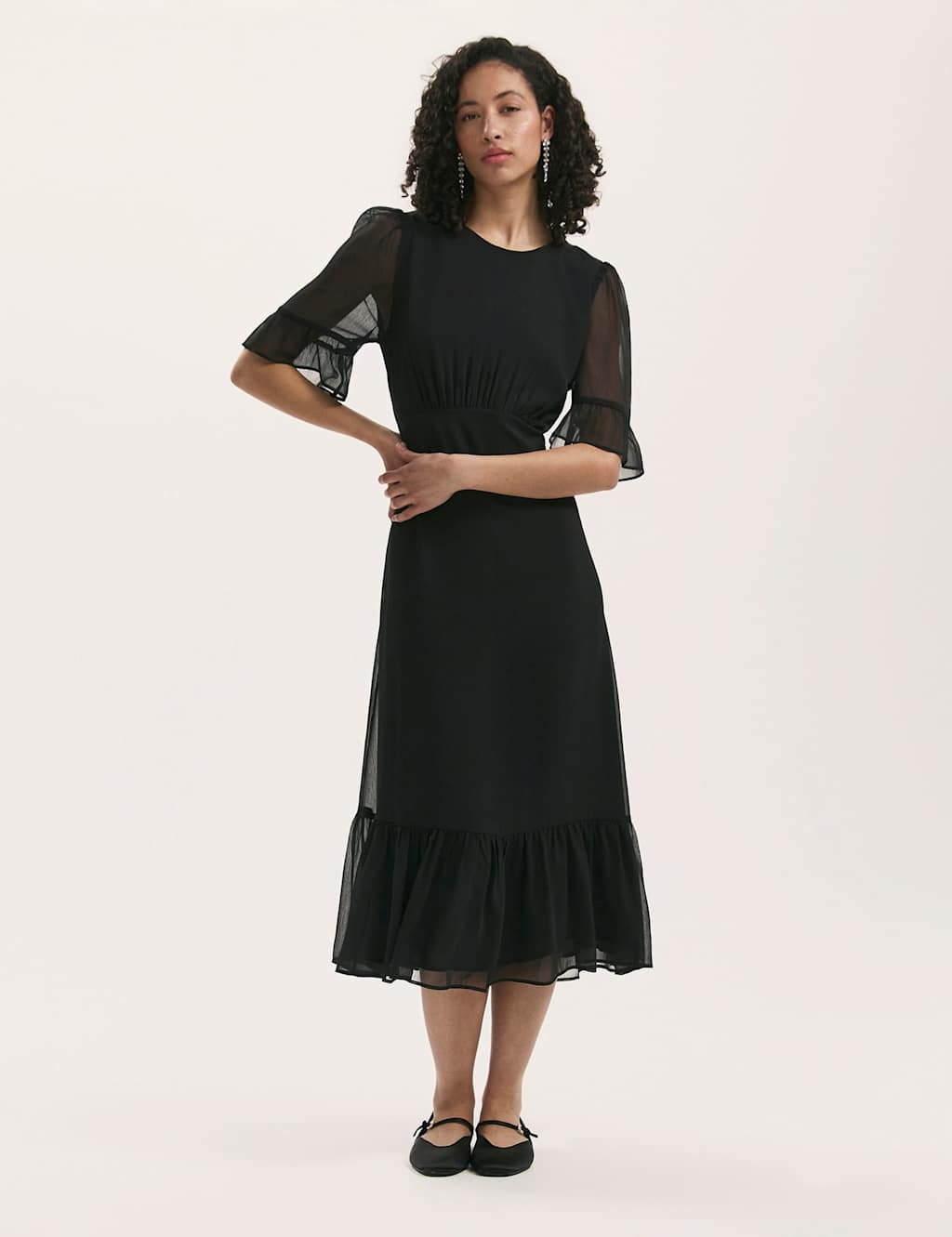 Finery London Chiffon Round Neck Midi Tiered Dress Black