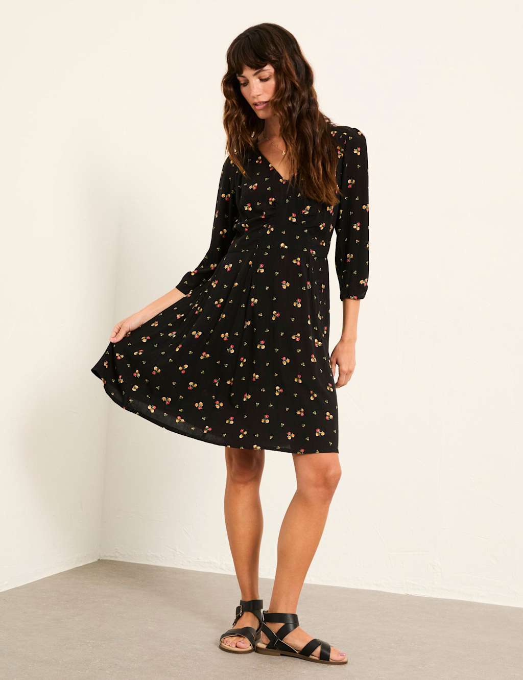 Fatface Women's Floral V-Neck Mini Waisted Dress - 18 - Black Mix - Available at M&S