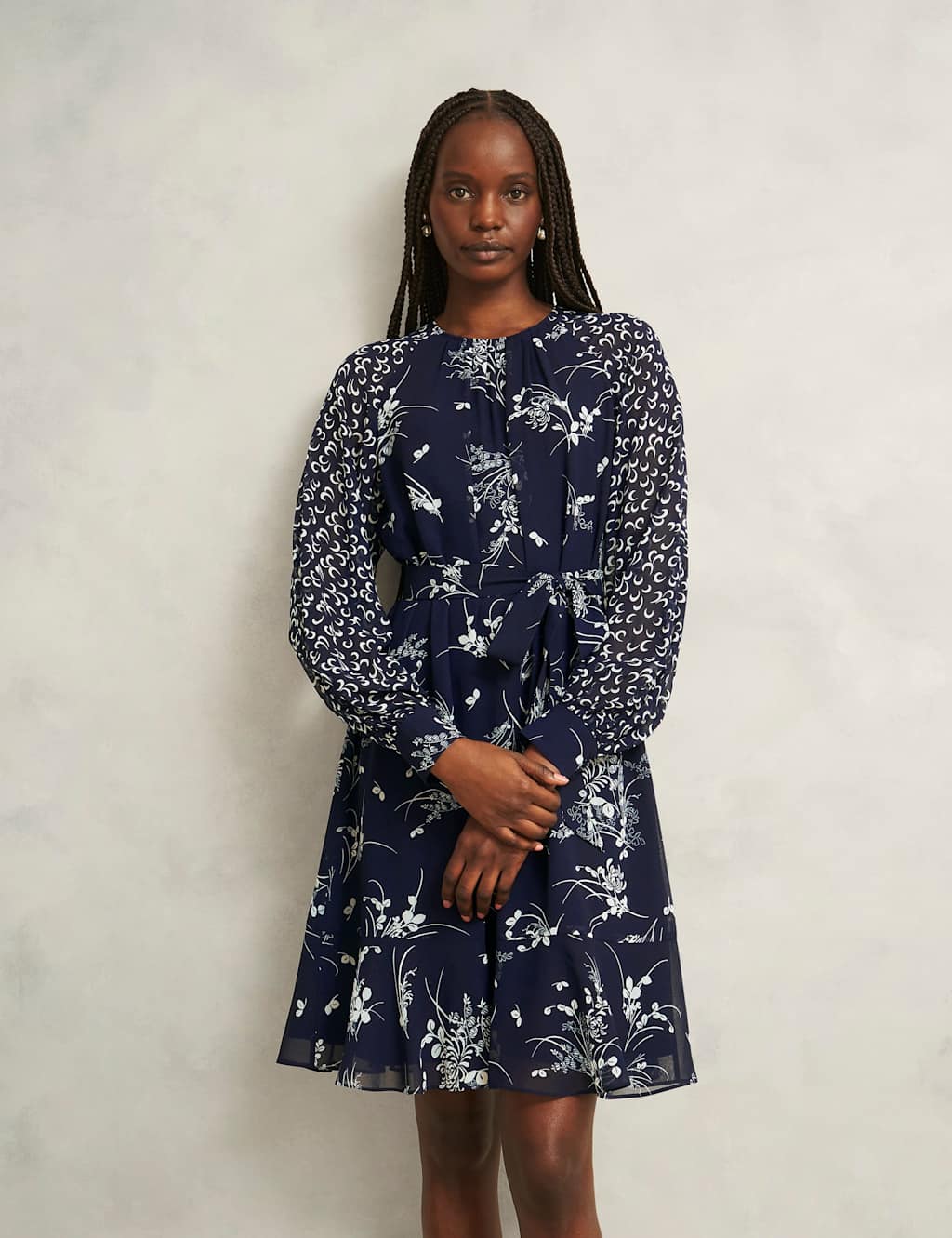 HOBBS Floral Tie Waist Knee Length Skater Dress Navy