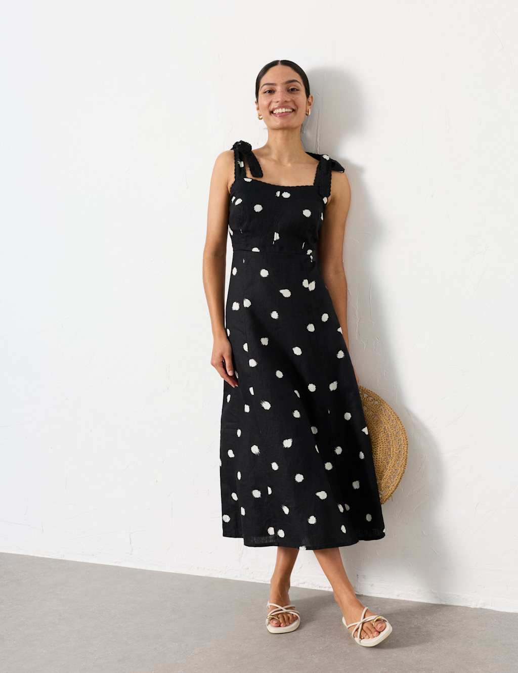 Fatface Women's Pure Linen Polka Dot Square Neck Midi Dress - 18 - Black Mix - Available at M&S