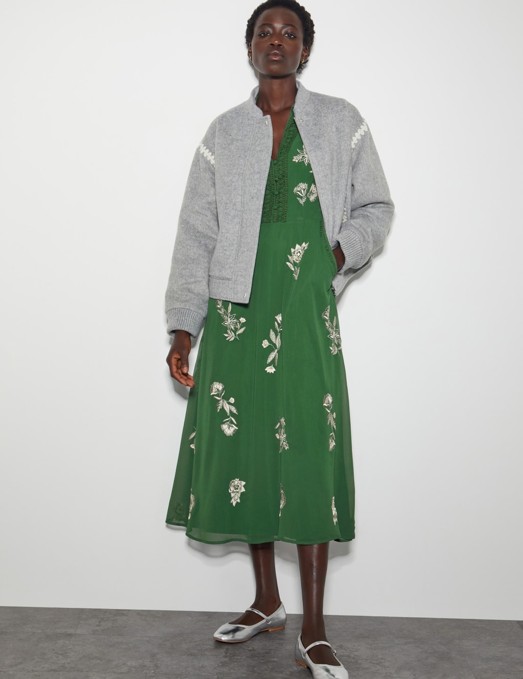 Embroidered V-Neck Midi Shirt Dress