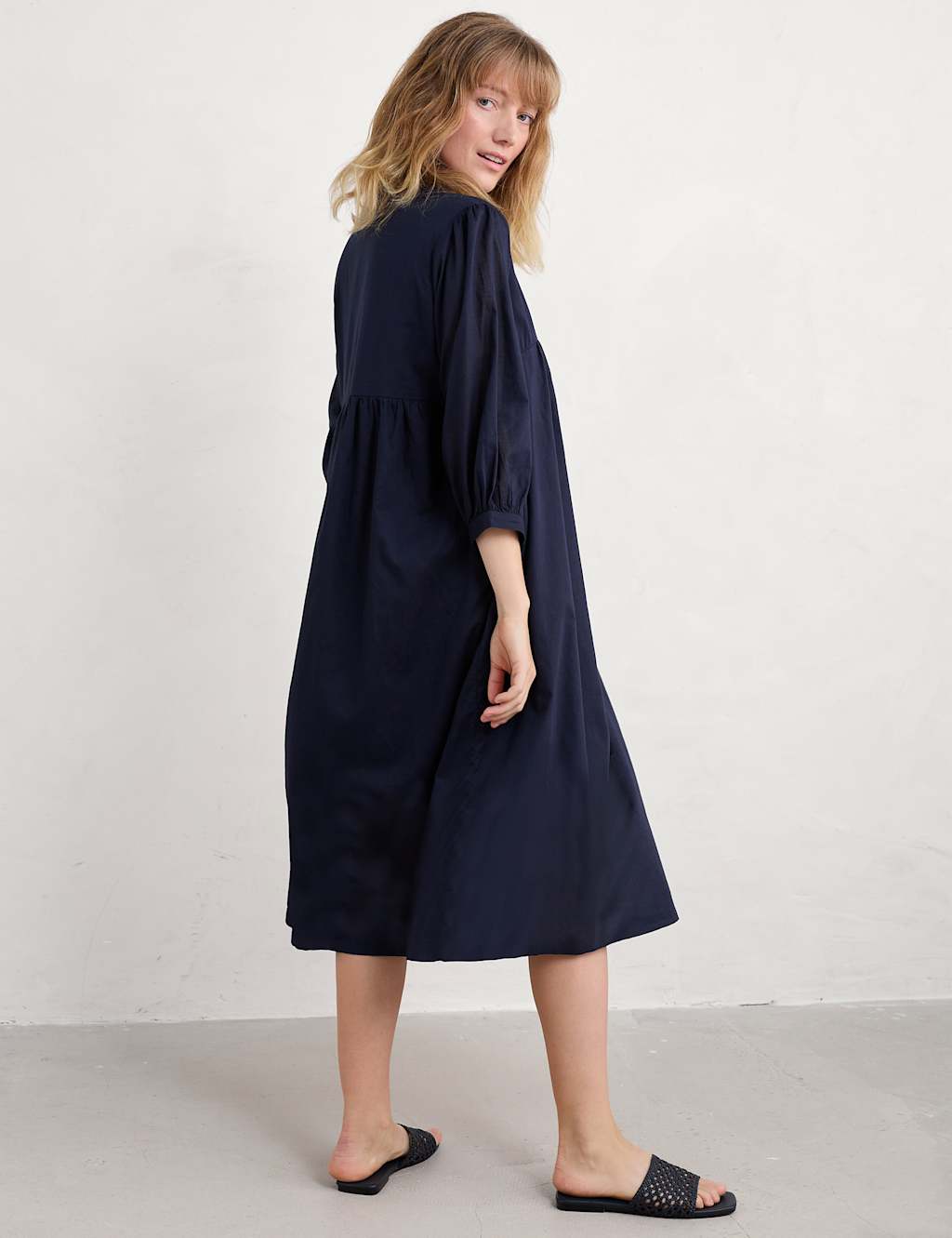 Pure Cotton V-Neck Empire Line Midi Waisted Dress