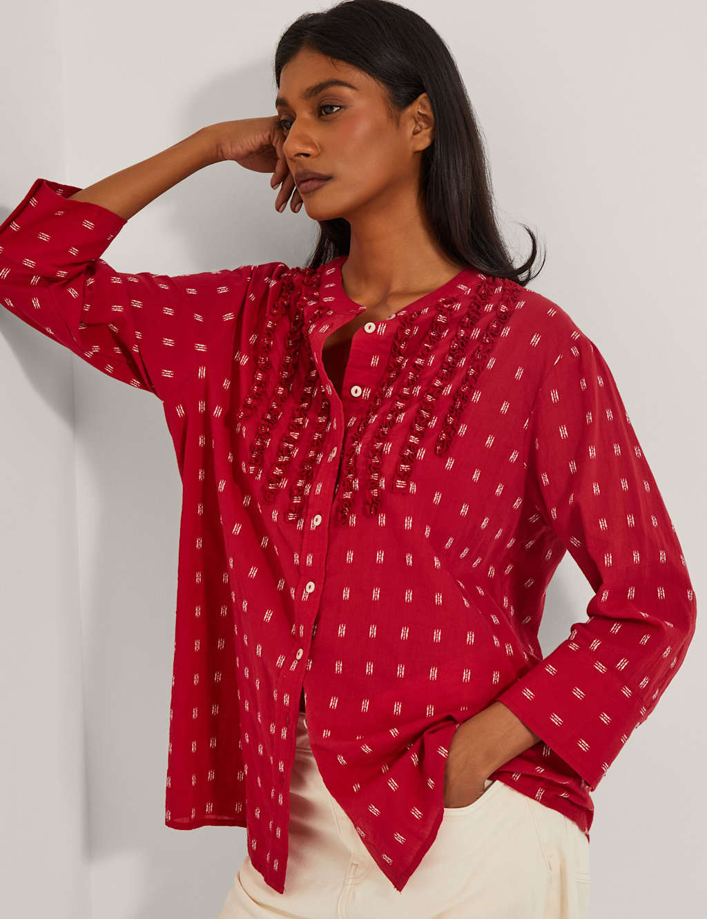 Monsoon Women's Pure Cotton Crew Neck Embroidered Blouse, Red