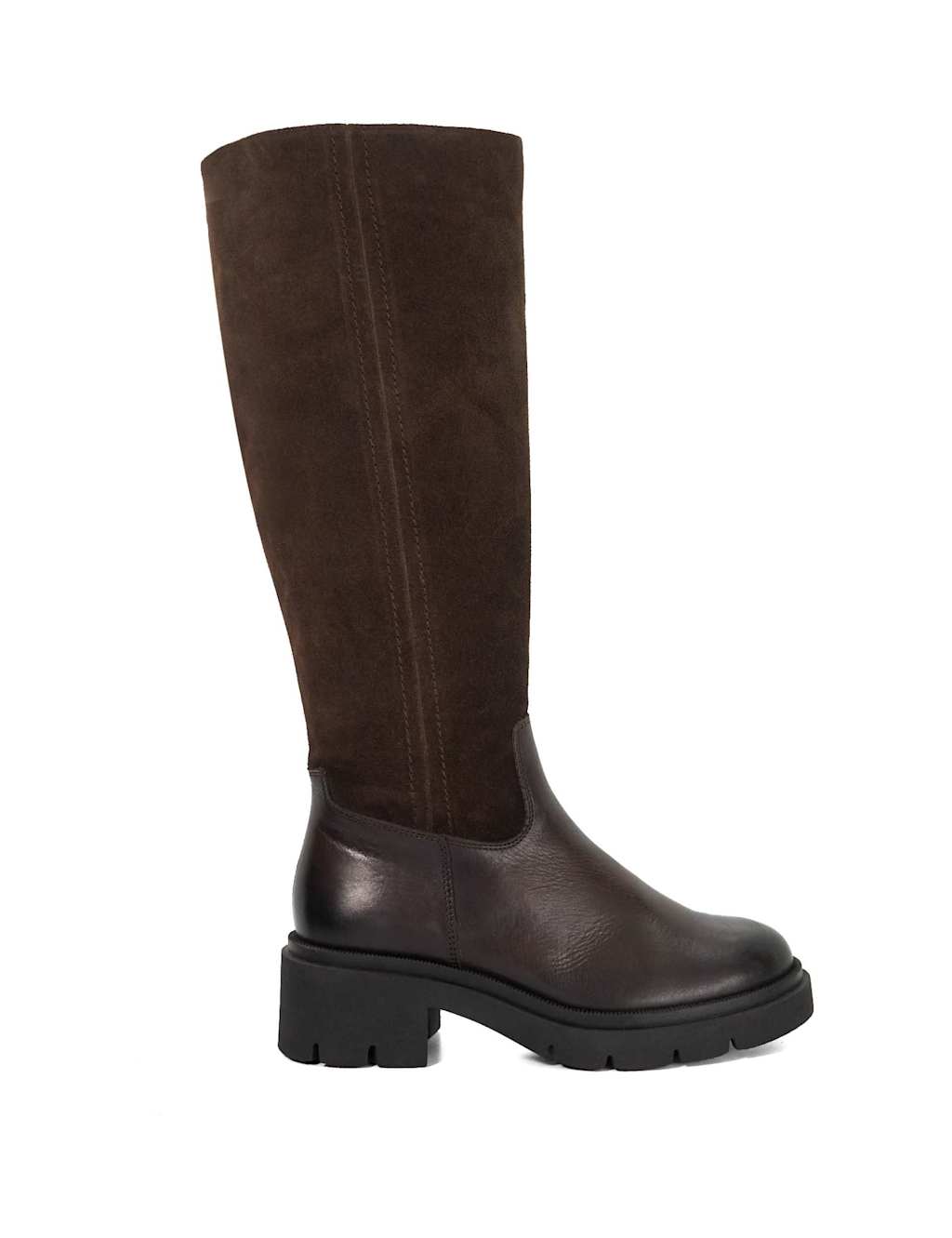 Dune London Leather Block Heel Knee High Boots Brown