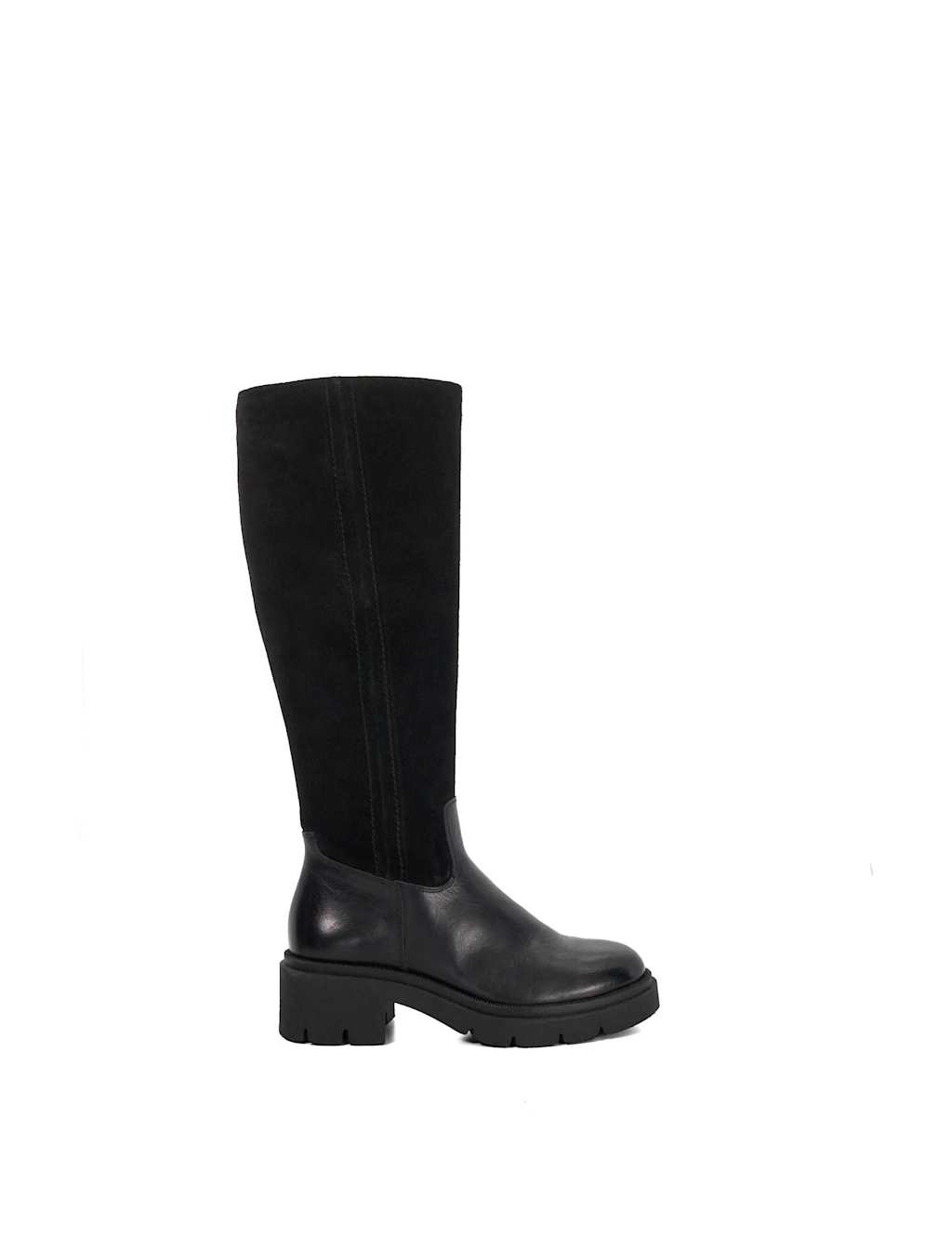 Dune London Leather Block Heel Knee High Boots Black
