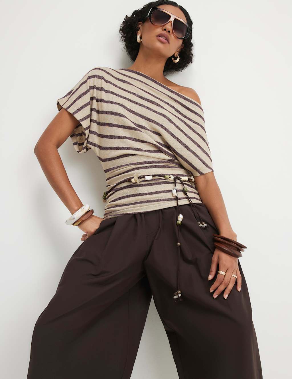 River Island Women's Striped Off The Shoulder T-Shirt - Extra Small - Brown Mix - Available at M&S