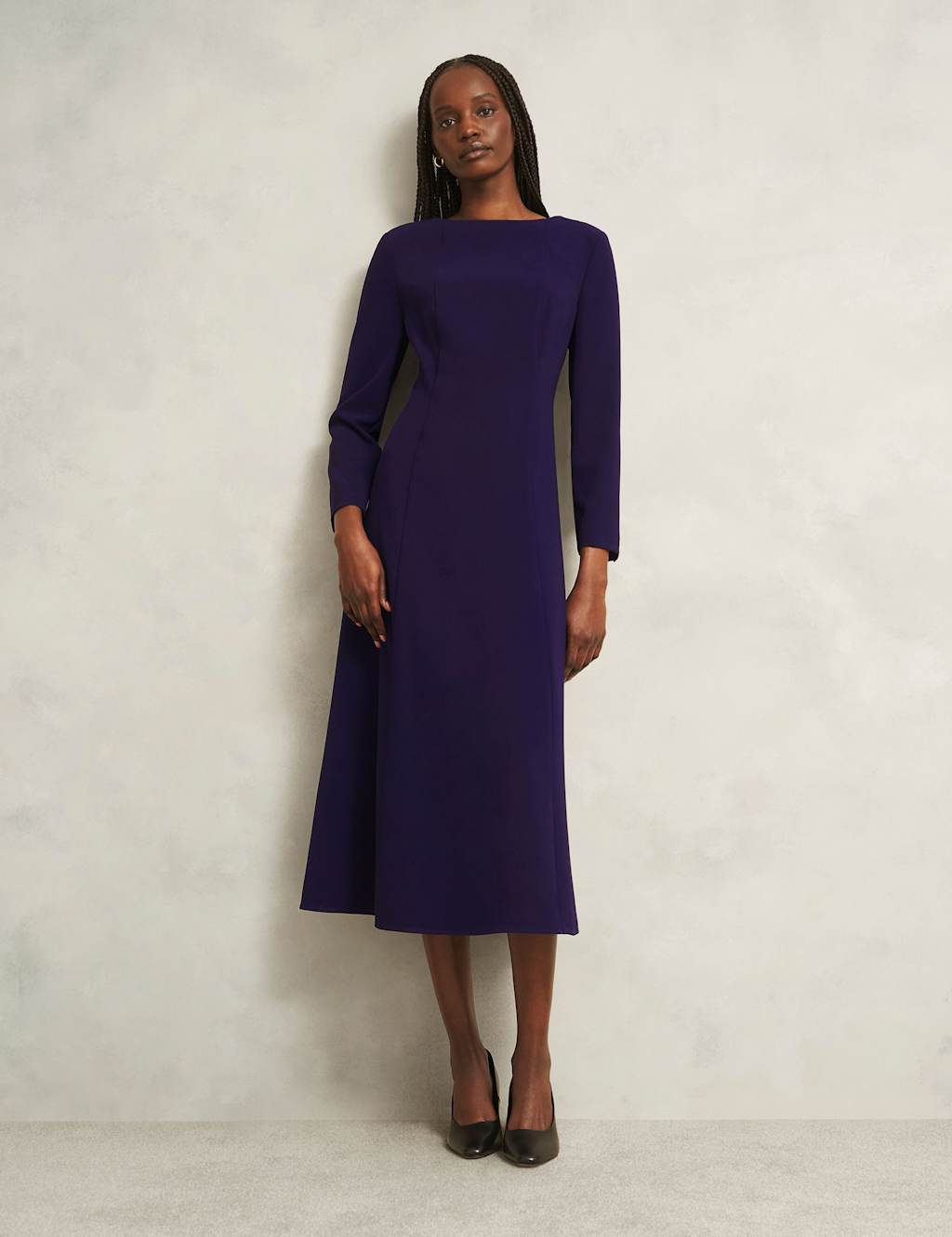 HOBBS Slash Neck Midi Skater Dress Dark Navy