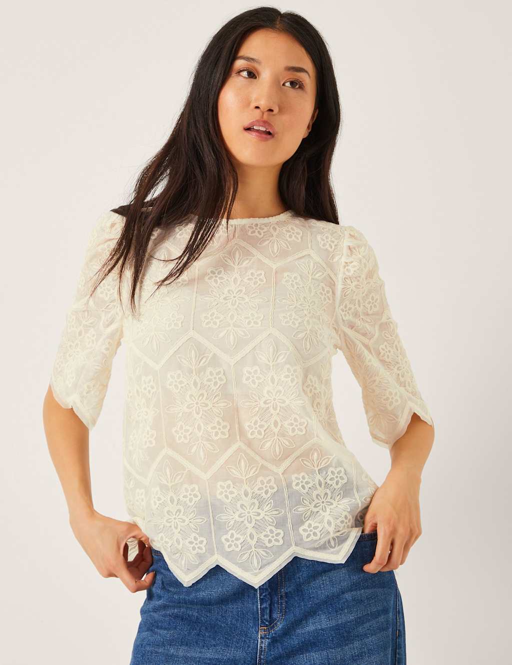 Monsoon Women's Embroidered Crew Neck Top - Ivory, Ivory