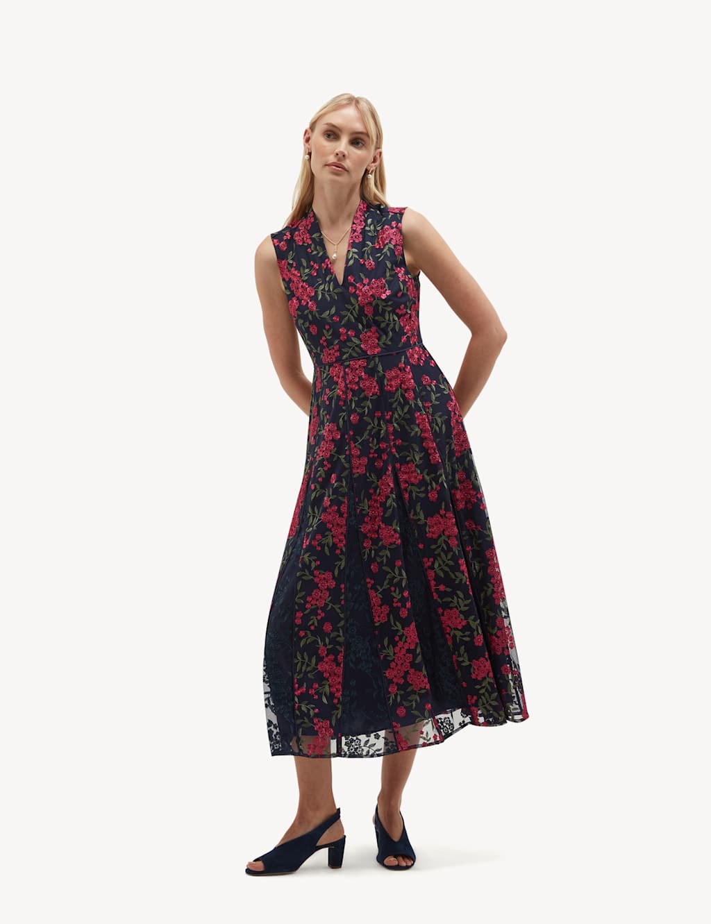 Hobbs Women's Floral Embroidered V Neck Midi Skater Dress - 10 - Pink Mix - Available at M&S
