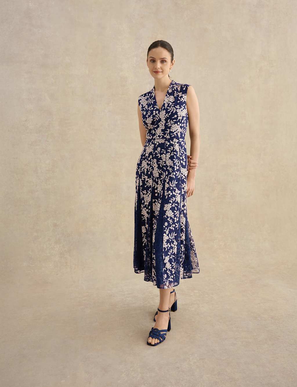 Hobbs Women's Floral Embroidered V Neck Midi Skater Dress - 14 - Navy Mix - Available at M&S
