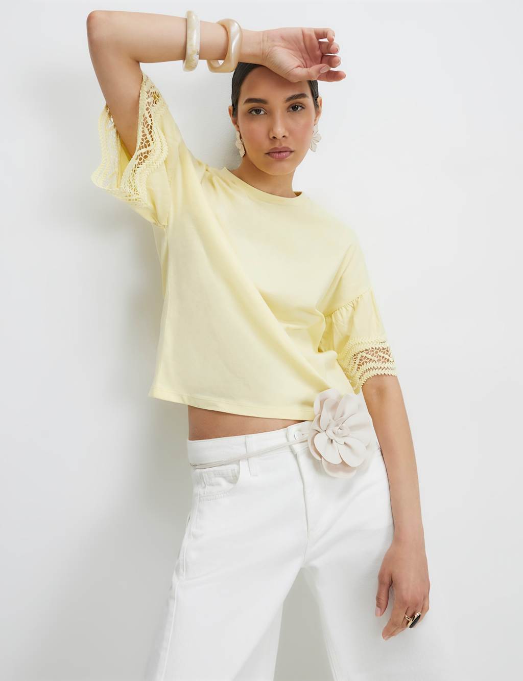 River Island Women's Pure Cotton Lace Trim Drop Shoulder T-Shirt - Small - Yellow - Available at M&S
