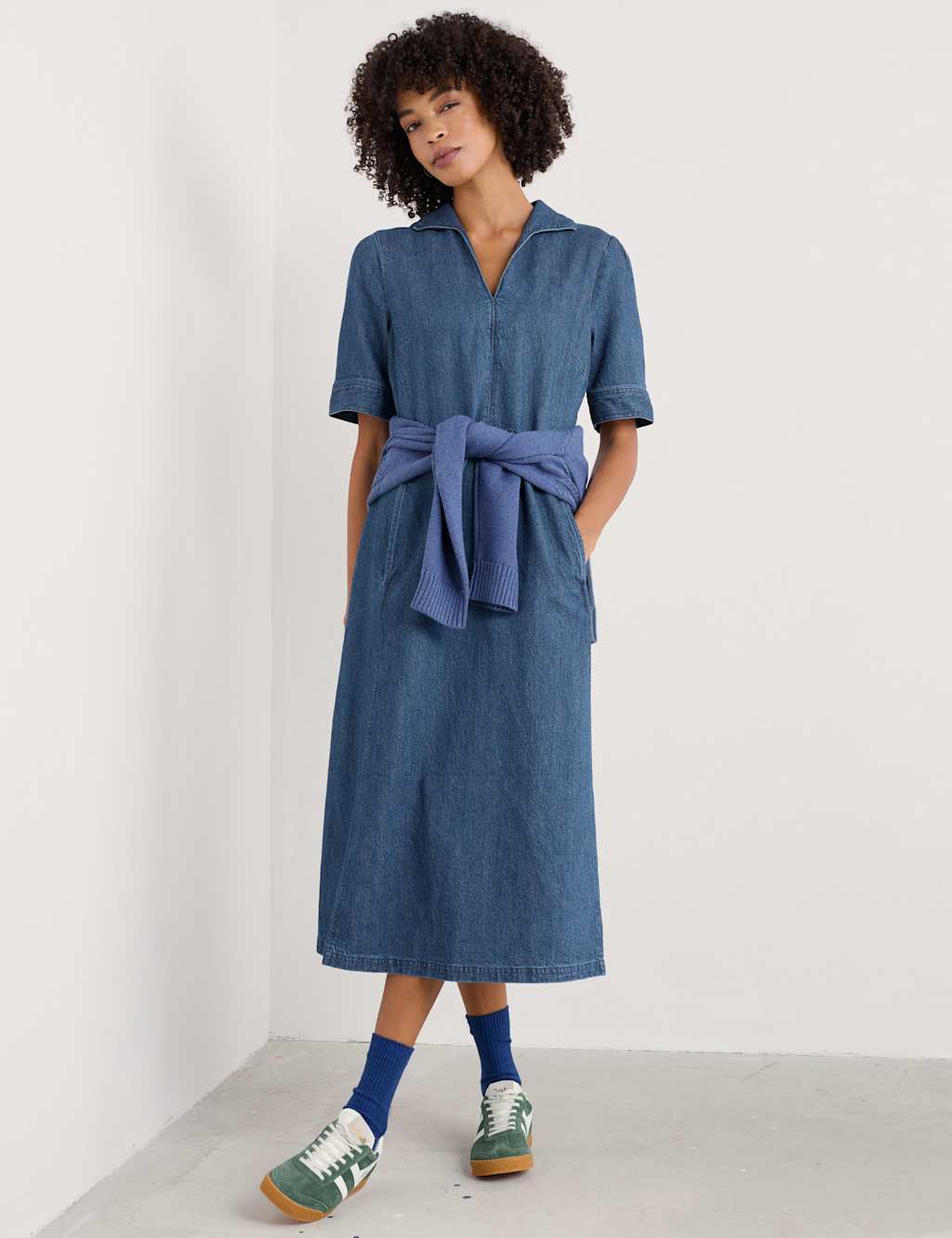 Denim Collared Midi Waisted Dress with Linen