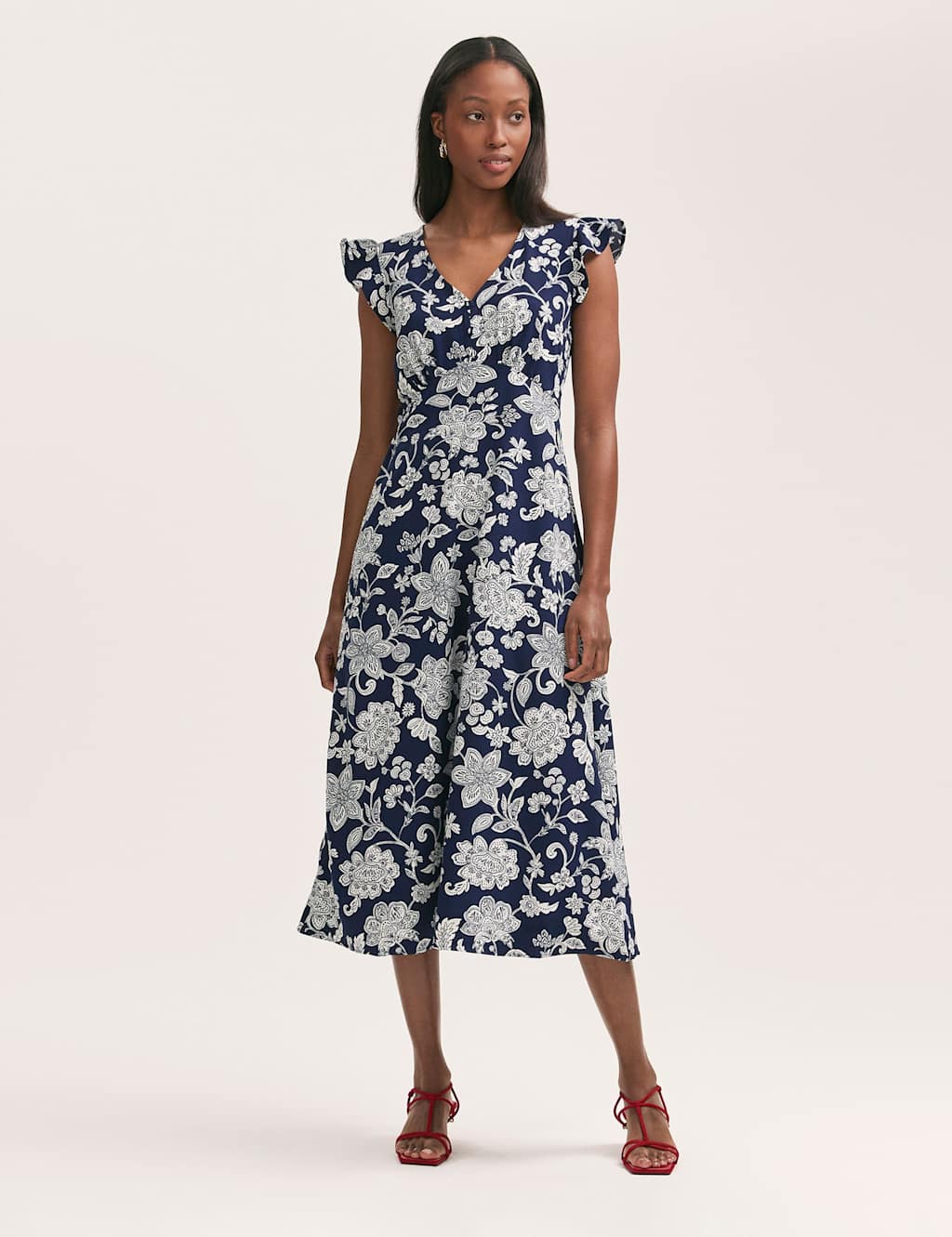 Printed V-Neck Ruffle Midi Tea Dress