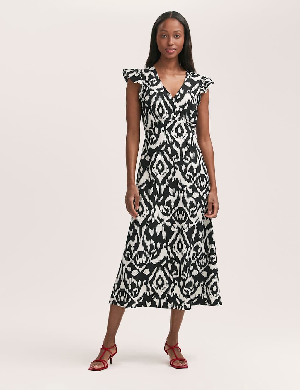 Printed V-Neck Ruffle Midi Tea Dress