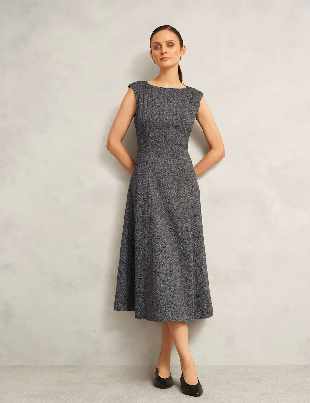 HOBBS Textured Boat Neck Knee Length Skater Dress Black